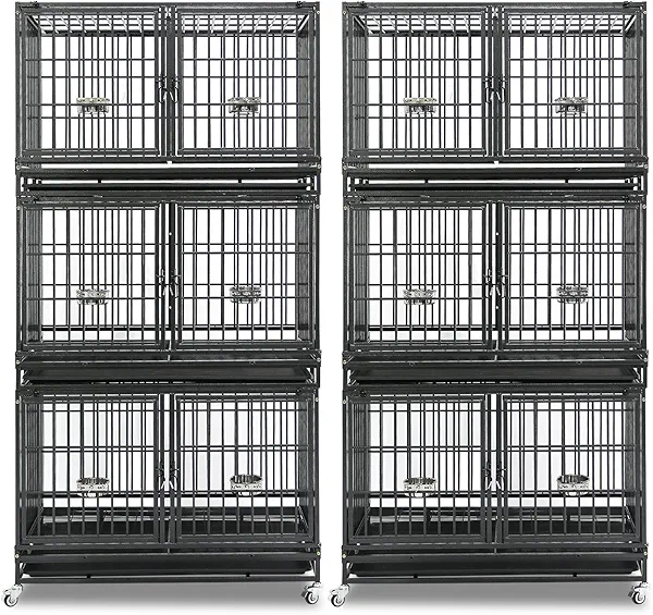 Homey Pet 2 Pack Three Tiers 43 inch Stackable Heavy Duty Dog Crate with Wheels, Indestructible Steel Dog Cage Kennel Indoor with Detachable Divider, Trays, Feeding Bowls, Escape Proof Locks