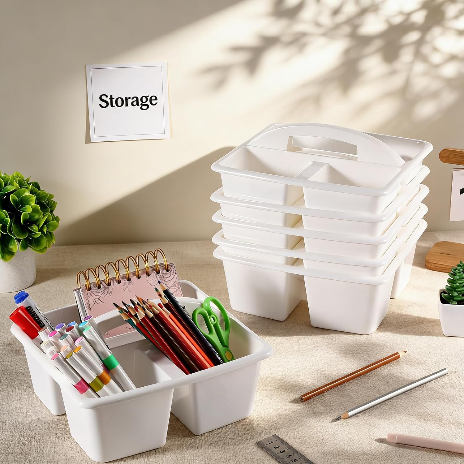 6 Pack Classroom Caddy with Handle Plastic Storage Caddy Organizer with 3 Compartments Desk Caddies Holder Portable Storage Bin for Pencil, Crayon, Marker, Home, Office, School Supplies(White)