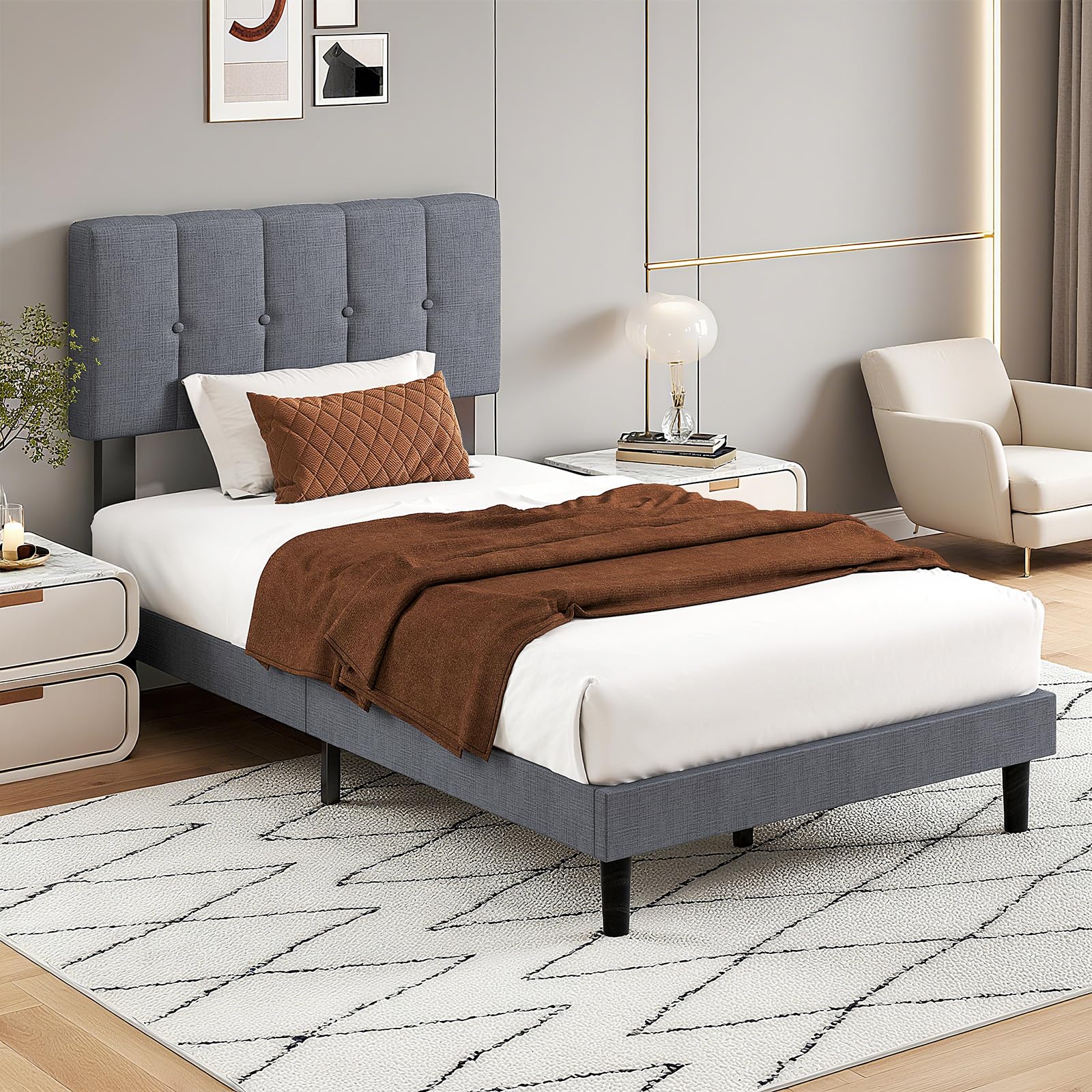 NEWBULIG Twin Size Bed Frame - Fabric Upholstered Platform Bed with Headboard, 530LBS Sturdy Wooden Slats Support, No Box Spring Needed, Noise Free, Easy Assembly, Grey