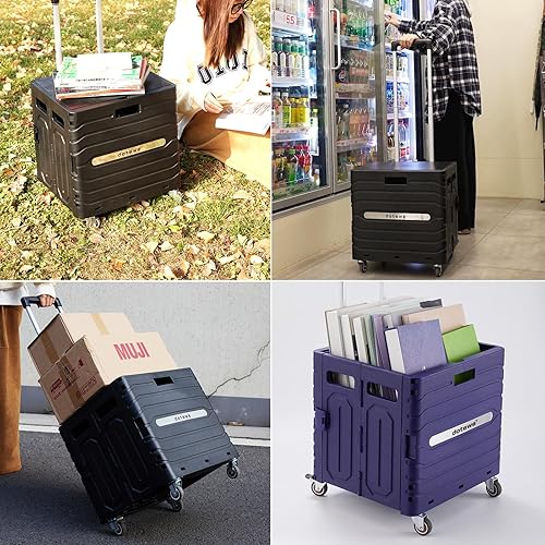 Miniatura 7 de Carrito plegable negro portátil con ruedas, carrito de compras plegable, con tapa, sobre ruedas, para comestibles, jardín, oficina, almacenamiento,