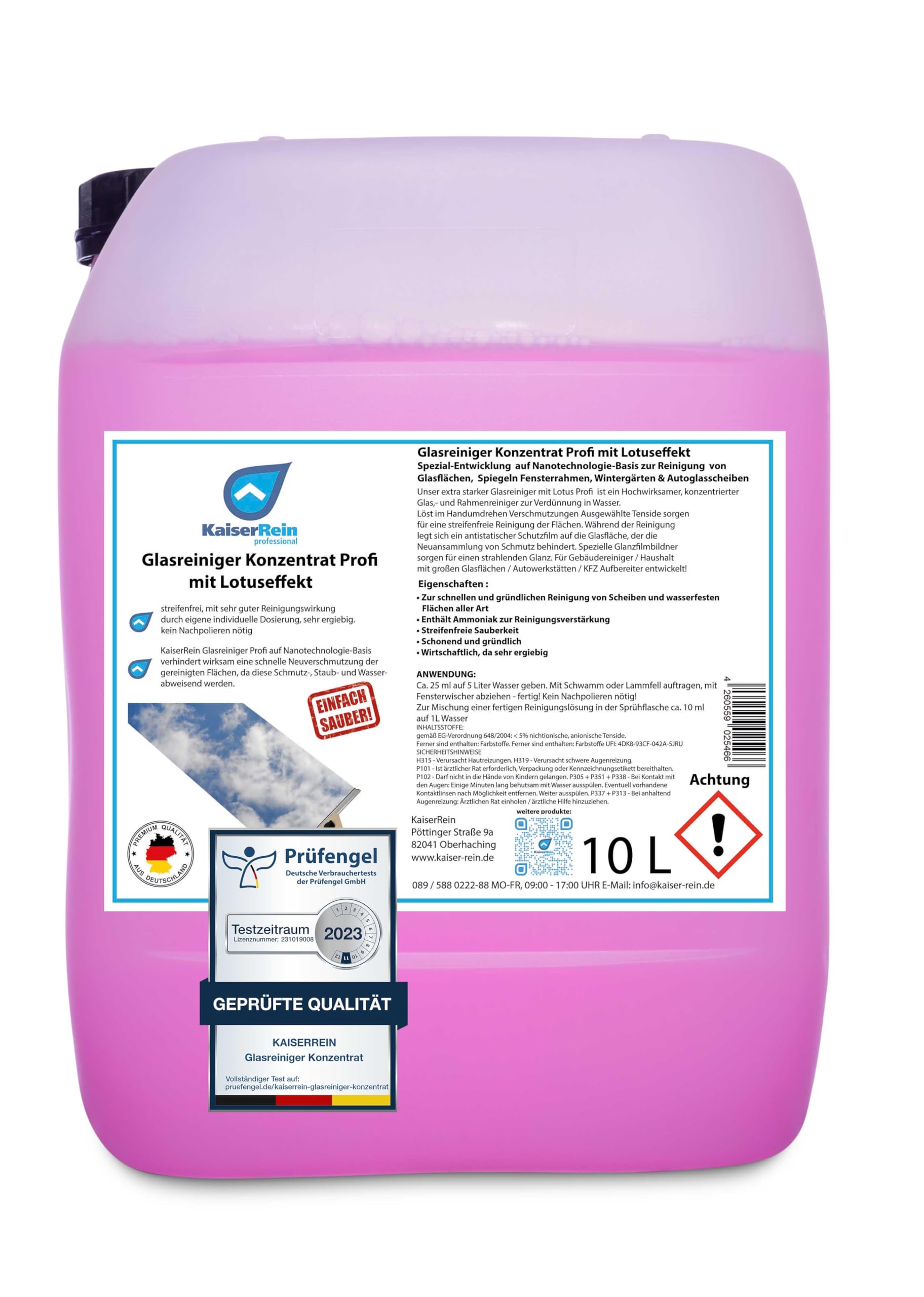 KaiserRein Glasreiniger Konzentrat mit Lotuseffekt 10L - Professioneller Fensterreiniger für streifenfreien Glanz auf Glas, Fenstern und Spiegeln - Fenstersauger geeignet