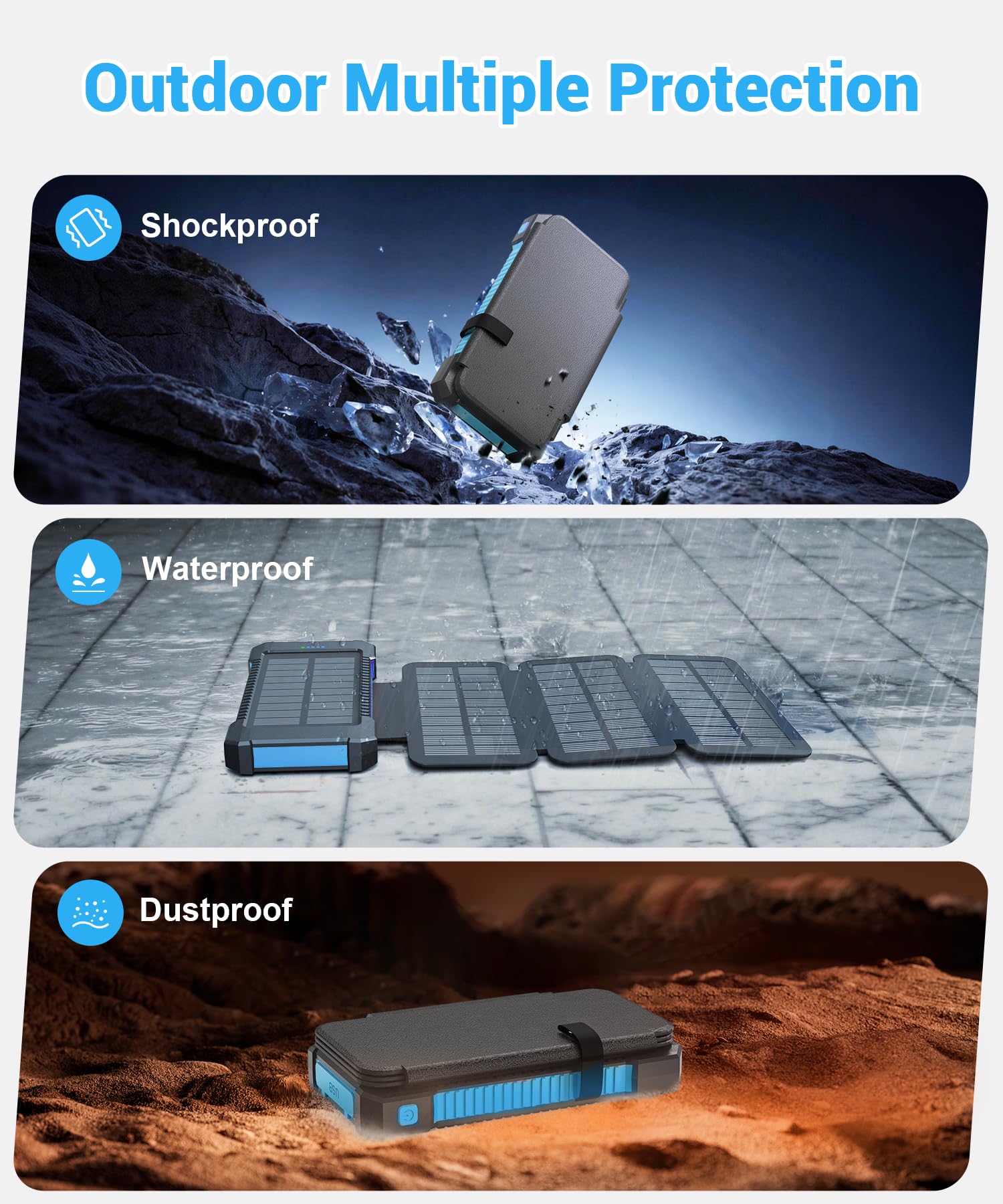 Chargeur Solaire 26800 mAh avec 4 Panneaux Solaires, Batterie Externe Solaire étanche avec Charge Rapide USB-C 18W pour Téléphones Portables, Tablettes, Ordinateurs. (Bleu)