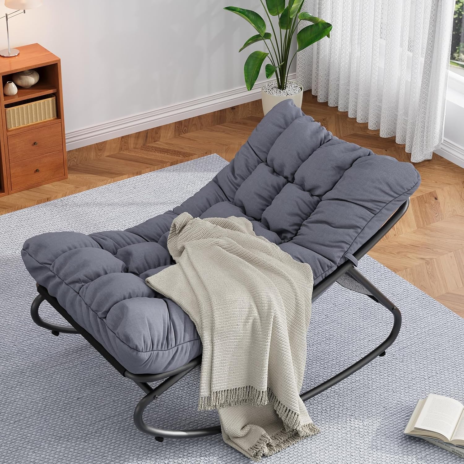 Papasan Rocking Chair for Indoor/Outdoor – Oversized Boho Modern Heavy Duty Metal Frame – Thick Waterproof Cushions – All-Weather Patio Lounge for Porch, Garden, Living Room