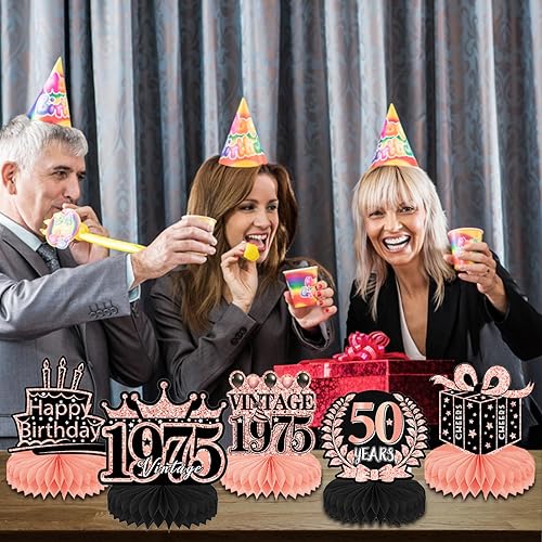 Miniatura 6 de Refavor Decoraciones de cumpleaños número 50 para mujer, 8 piezas retro de oro rosa 1973, decoraciones de mesa de fiesta de cumpleaños rosa, centros