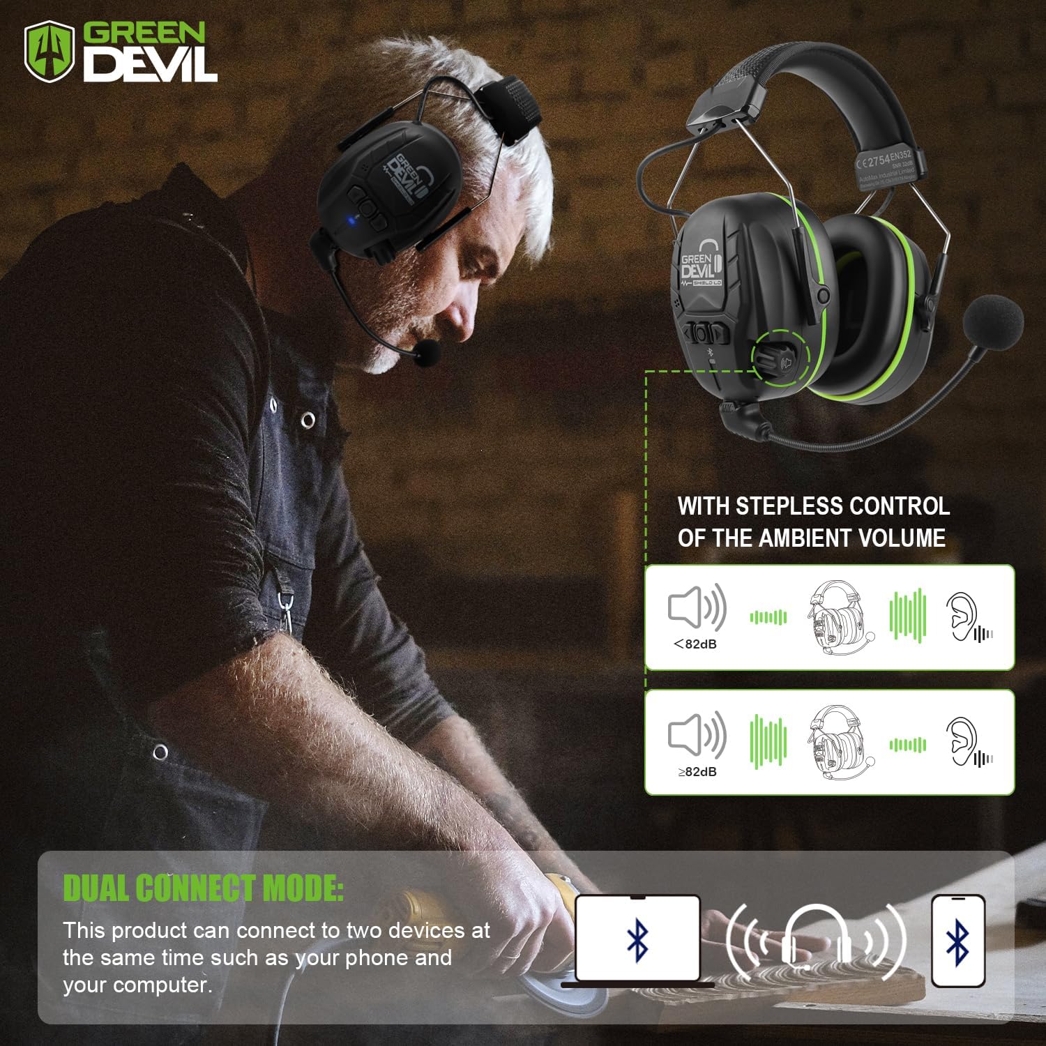 GREEN DEVIL Electronic Bluetooth Hearing Ear Protection Headphones With Boom Microphones 27dB Noise Cancelling Earmuffs - Image 4