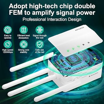4 High-Gain Omni Antennas Wireless WiFi Repeater Booster | Dual Band 5GHz/2.4GHz, Up to 13800 Sq.ft Coverage, Gigabit LAN Port, 5 Working Modes, Simple WPS Tap Setup for Large House