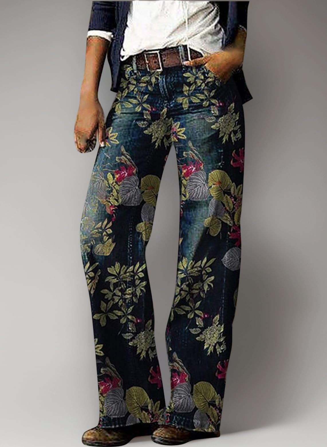 Loose Jeans Women High Rise Waist Floral Print Jeans Ladies Baggy Comfortable Girls Straight Leg Stretch Denim Pants Boyfriend Fashion Hippie Streetwear 1-