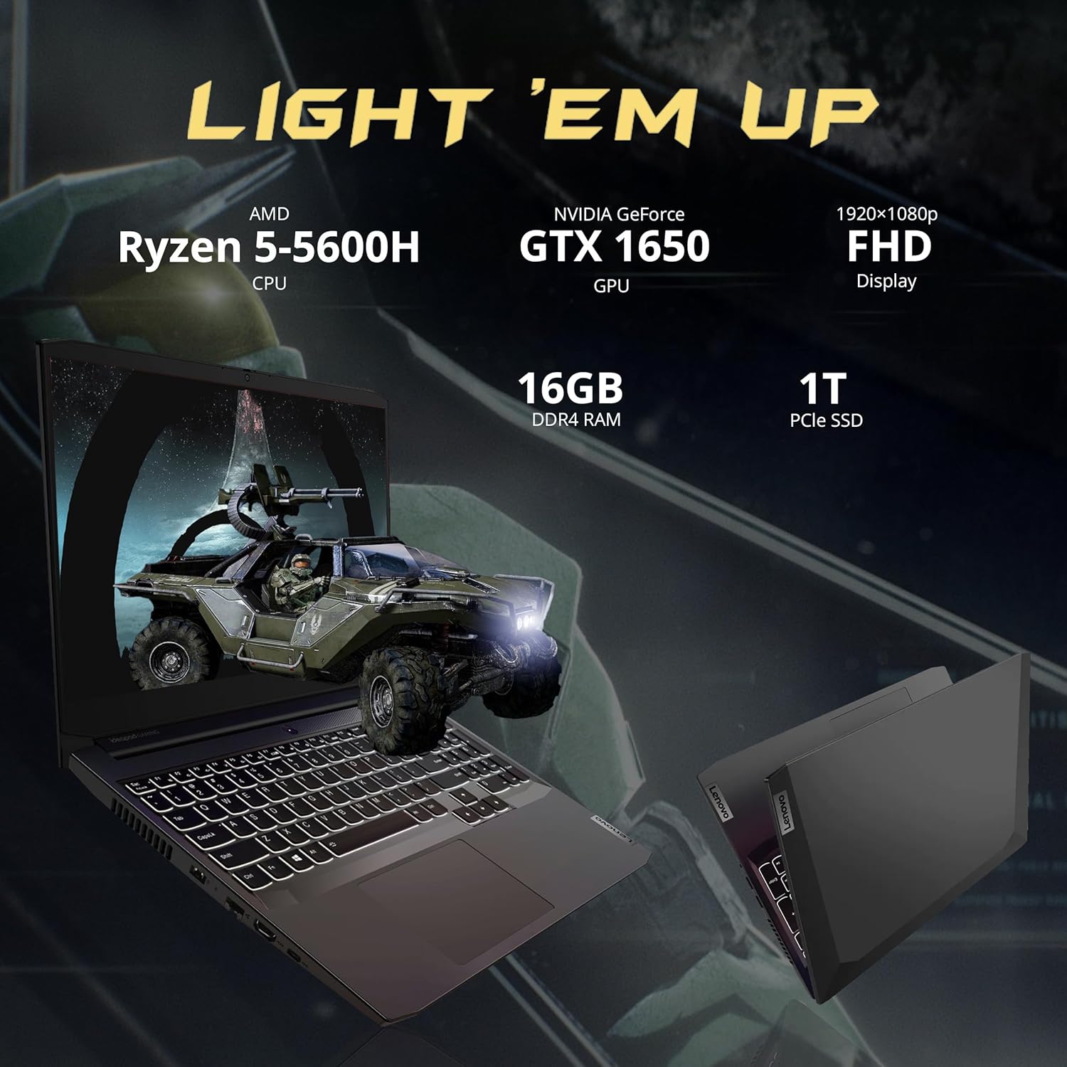 Lenovo IdeaPad Gaming 3 15.6" FHD 120Hz Laptop, AMD Ryzen 5 5600H, 16GB RAM, 1TB SSD, NVIDIA GeForce GTX 1650, Backlit Keyboard, Wi-Fi, Bluetooth, Black, Win 11 Pro, 32GB Hotface USB Card (Renewed)