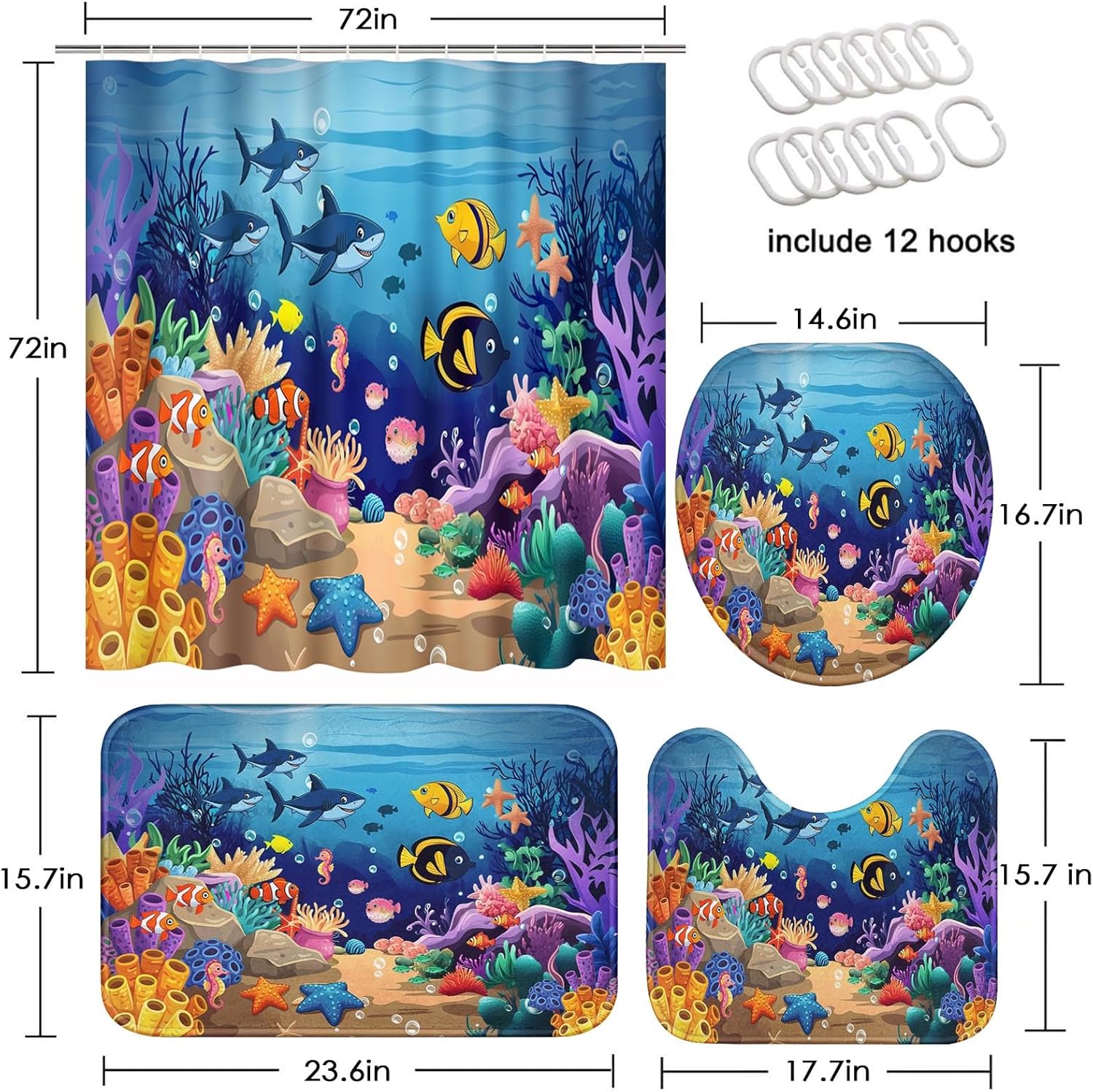 Britimes 4 Piece Shower Curtain Sets, Blue Ocean Fish with Non-Slip Rugs, Toilet Lid Cover and Bath Mat, for Bathroom Decor Set, 72" x 72"