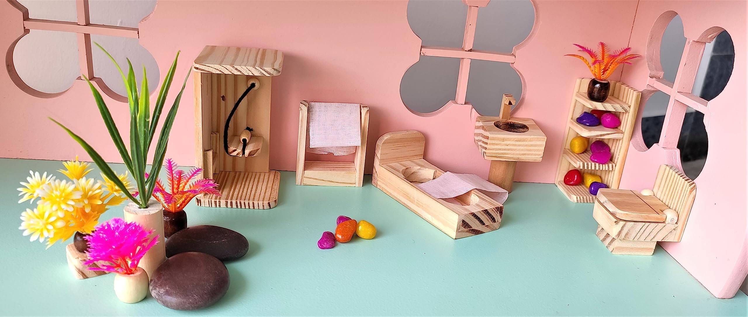 TinyMinyWorld Dollhouse Accessories Doll House Furniture Set (Wooden): Drawing Room - Kitchen - Bedroom - Toilet (Bath Room Extended) 2