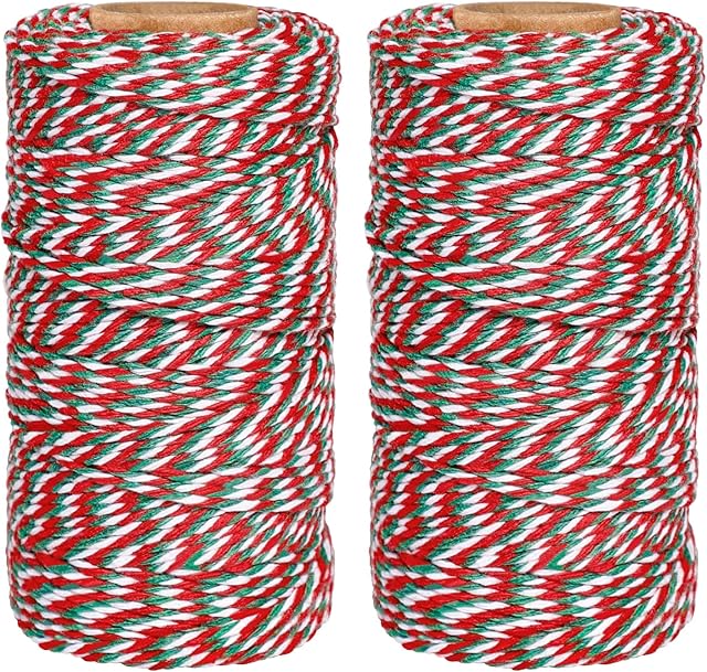 Red Green and White Christmas Cotton Twine String 100M x 2 Rolls Craft Cord Wrapping String Garden Twine Cotton Rope for DIY Crafts, Handmade Arts, Gardening and Gift Wrapping
