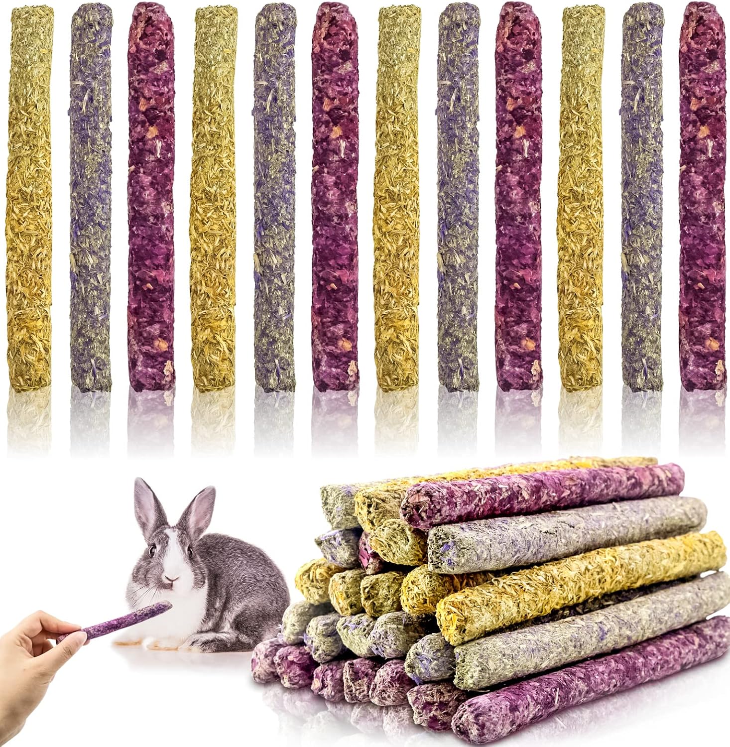 Vmiapxo 27 Pcs Natural Flowers Timothy Hay Sticks, 3 Flavors Chew Toys Snacks Food for Rabbit Guinea Pig Hamster Chinchilla (Rose…