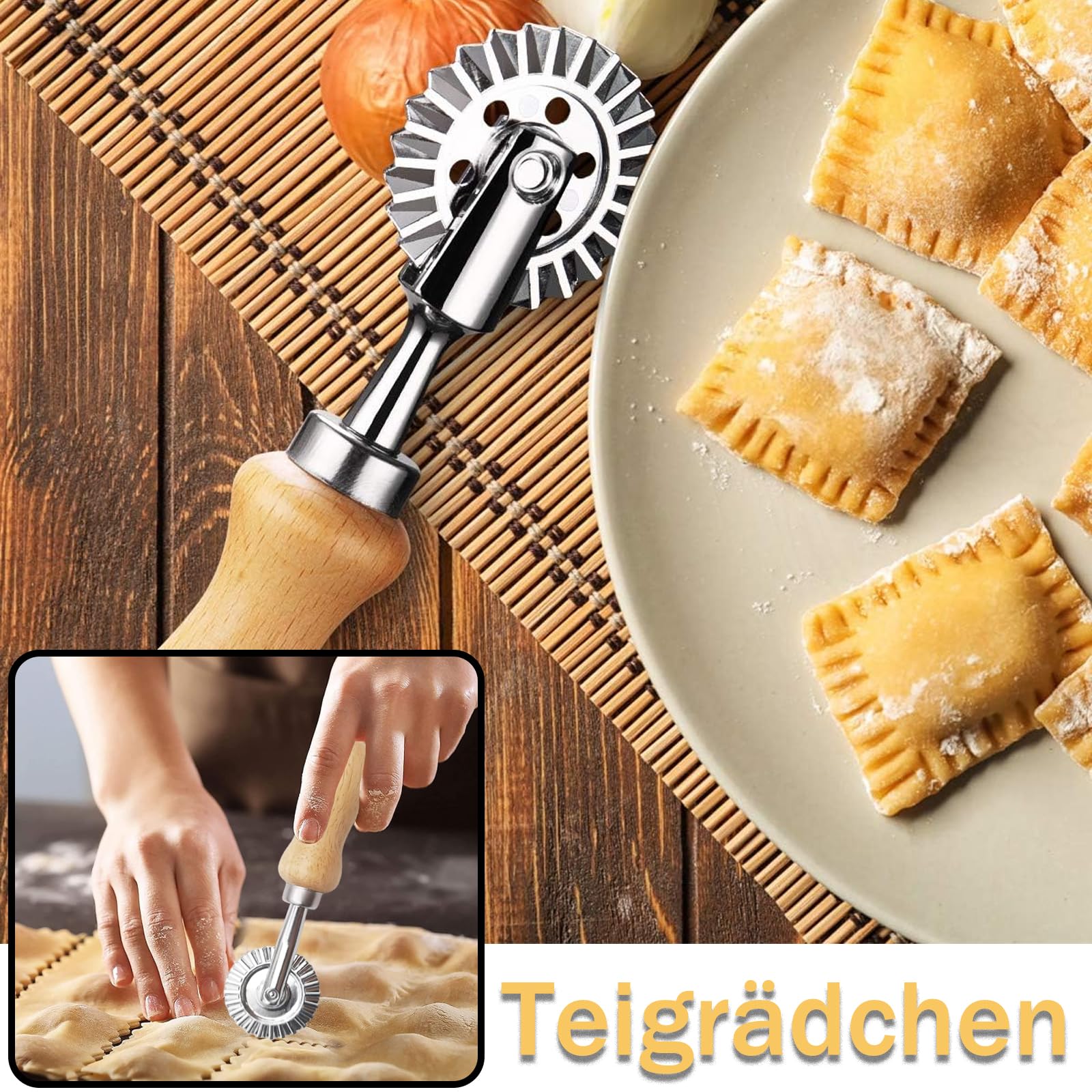 Ravioli Ausstecher Set 4-teilig – Edelstahl Mit Holzgriff, Rund, Quadratisch, Herz, Für Pasta & Kekse