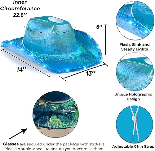 Miniatura 2 de Funcredible Sombrero de vaquero y lentes con luz azul, sombrero de vaquera LED para niñas, sombrero de vaquero de neón, accesorios de disfraz de