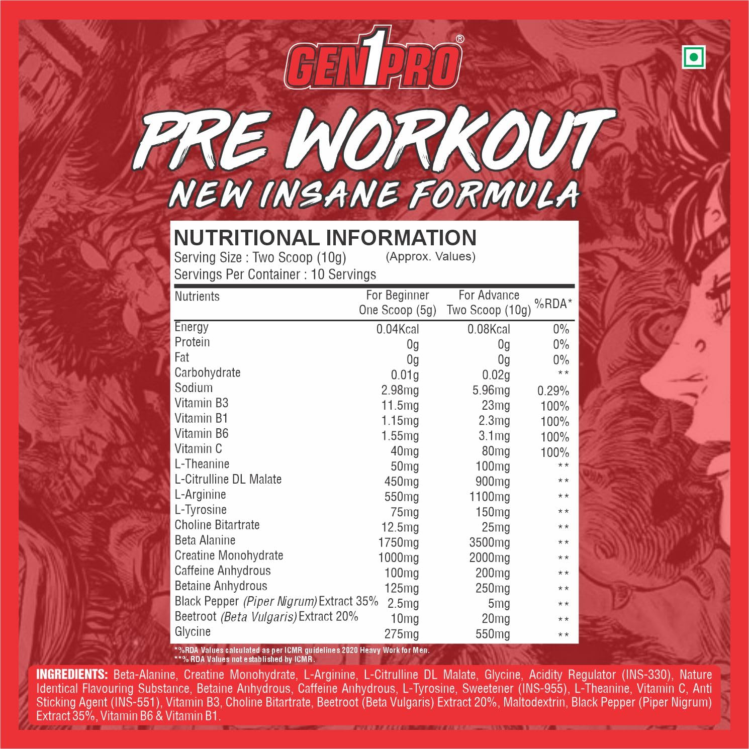 Pre Workout Powder – New Insane Formula for Energy, Focus, Endurance & Muscle Pump | 200mg Caffeine, 3.5g Beta-Alanine, Creatine, Amino Acids & Vitamins | Sugar Free Sports Nutrition Supplement [Red Pulse Melon, 15 Servings, 100g] — Amazon image 6