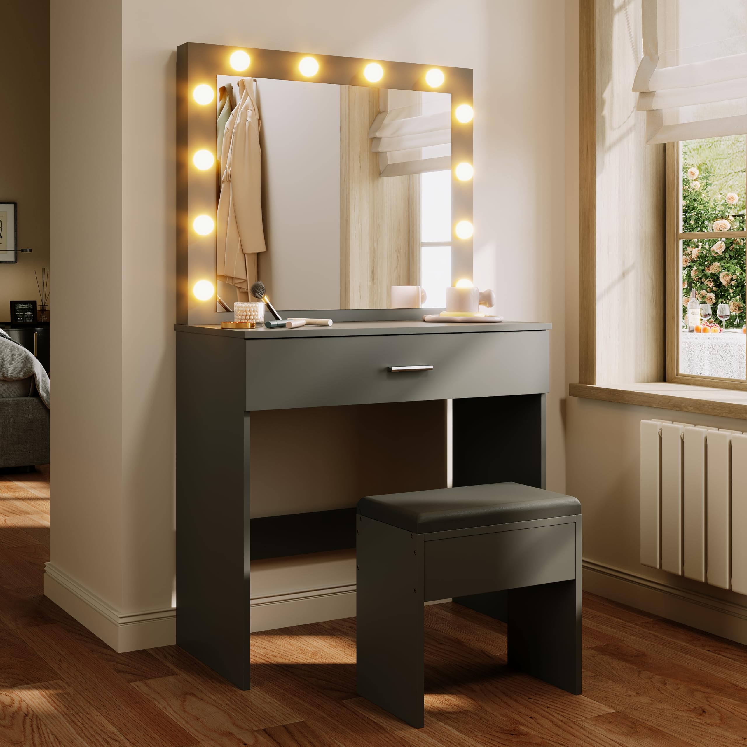 ELEGANT Hollywood Vanity Mirror Dressing Table Set with Adjustable 3 Color LED Lights, Girls Makeup Desk with 1 Large Storage Drawer, Bedroom Available, Black Cushioned Stool included — image 1