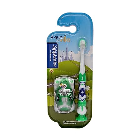 aquawhite aquaville Toothbrush with Car Toy for Boy Kids, Soft Bristles. (Green), For 2+ Age
