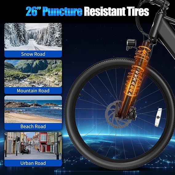 ZDZA Electric Bike, 1000W Peak Motor, 26 E Bike for Adults, 40 Miles Range & 22 Mph Ebike, Electric Bicycle for Commute, 7 Speed & Colorful LCD Display