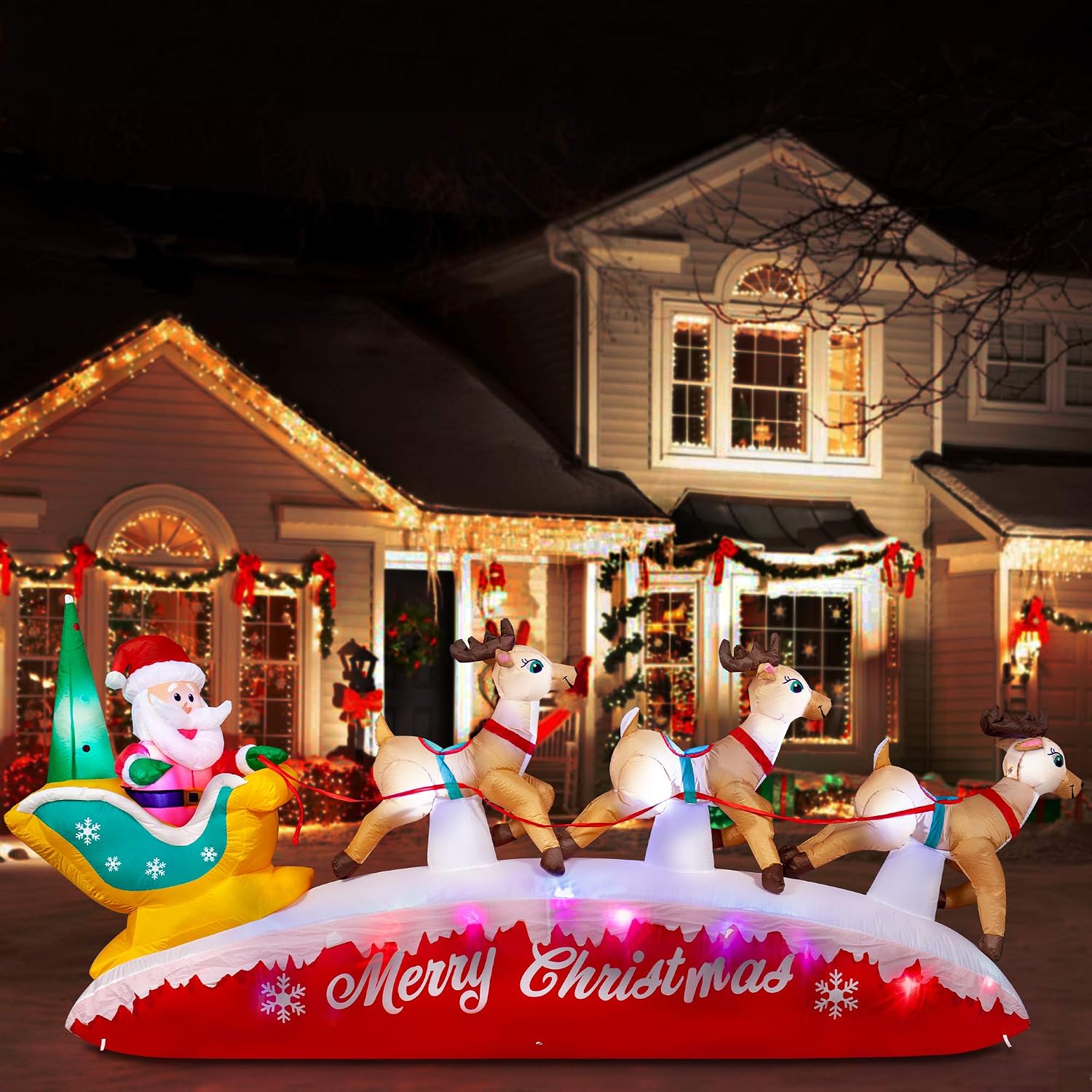 HOOJO 10 FT Wide Christmas Blowups Decoration Outdoor Lighted Inflatable Santa Claus Deer Built-in LED for Holiday Lawn, Yard, Garden