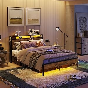 Bestier Queen Size Bed Frame with Headboard and Storage, Dual LED Platform Bed Frame with Charging Station, Non-Slip Metal Bed Frame, Noise-Free, Easy Assembly Rustic Brown Queen
