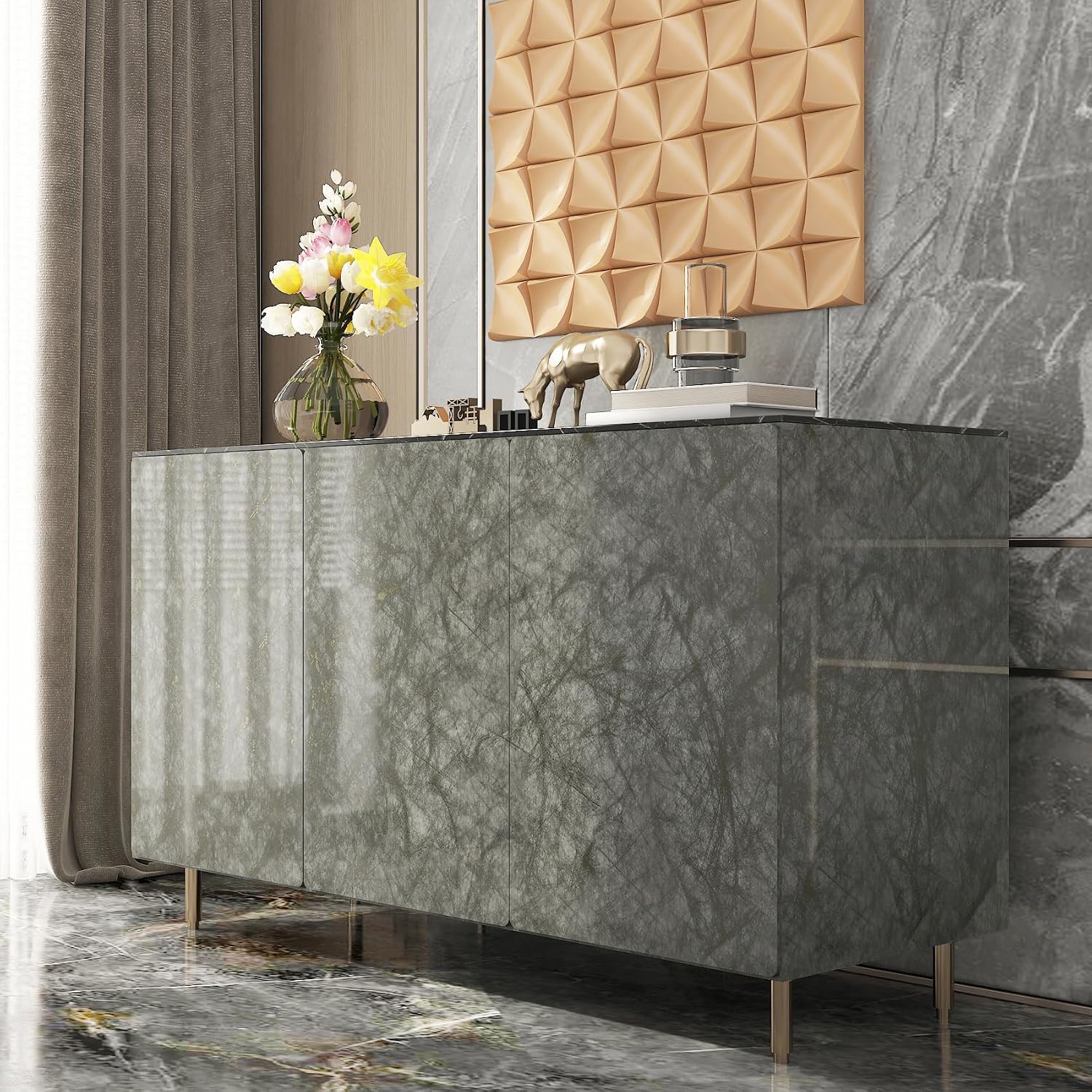 ReWallpaper 15.8inx23ft Gray Gold Marble Wallpaper Peel and Stick Removable Waterproof Modern Stone Wall Covering for Living Room Bedroom Bathroom Accent Walls Hallway Feature Walls Quick DIY Makeover