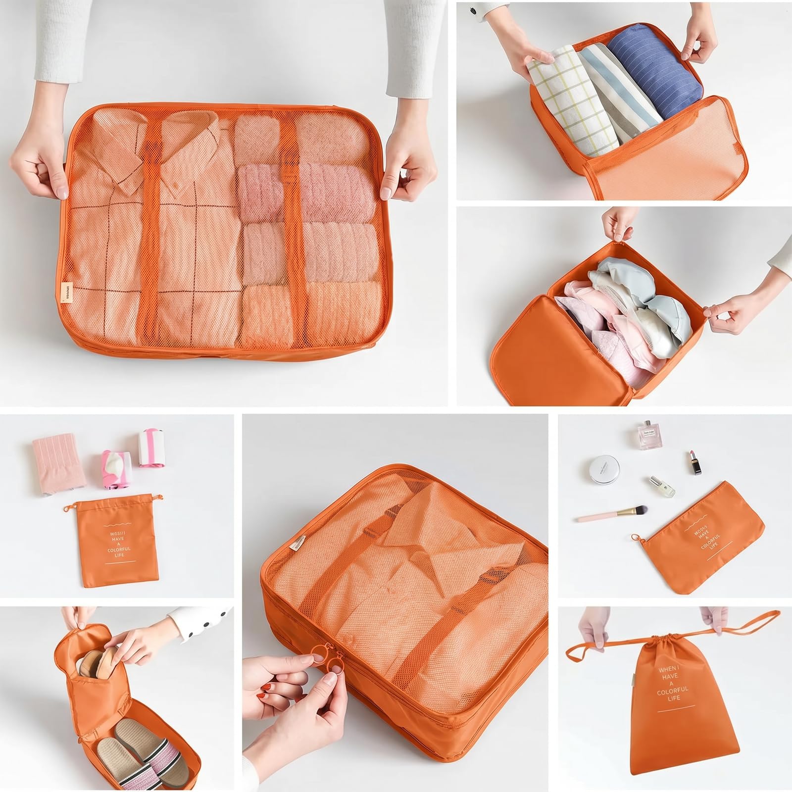 LANSKLBD 6/8 Set Packing Cubes for Suitcases Travel Luggage Packing Organizers,Travel Accessories Essentials Luggage Organizer with Shoe/Tioletry/Laundry Bag (Orange, 8 set) view 4