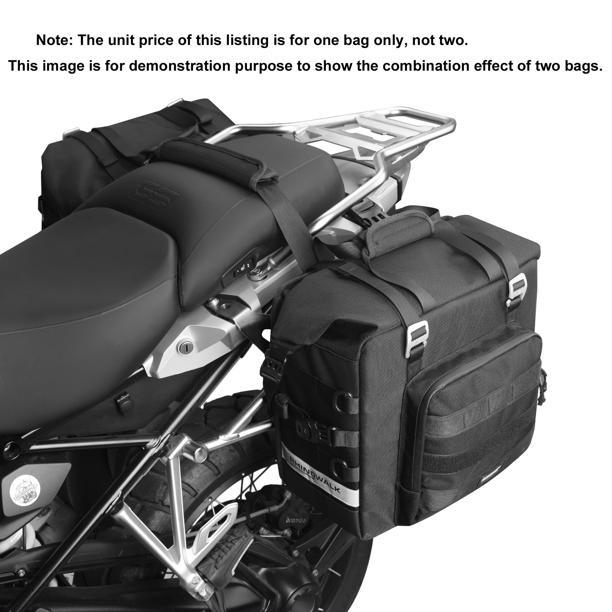 Rhinowalk Torba na siodełko motocyklowe, 25 l, rozszerzalna wodoodporna torba boczna, szybki montaż, torba bagażowa na motocykle przygodowe i sportowe, czarna (1 szt.)