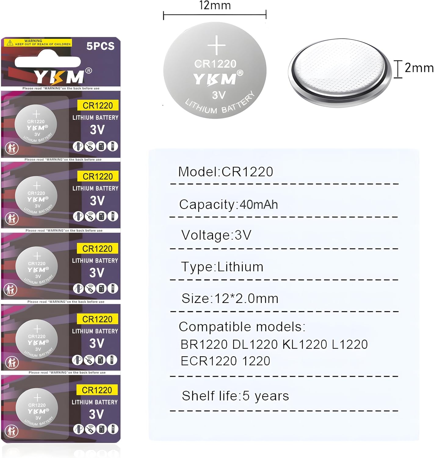 Diagram showing CR1220 battery dimensions and specifications.