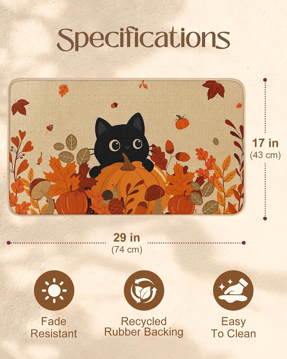 Miss Adola Fall Door Mat Non-Slip Backing Fall Decor 17x29 in, Pumpkin Cat