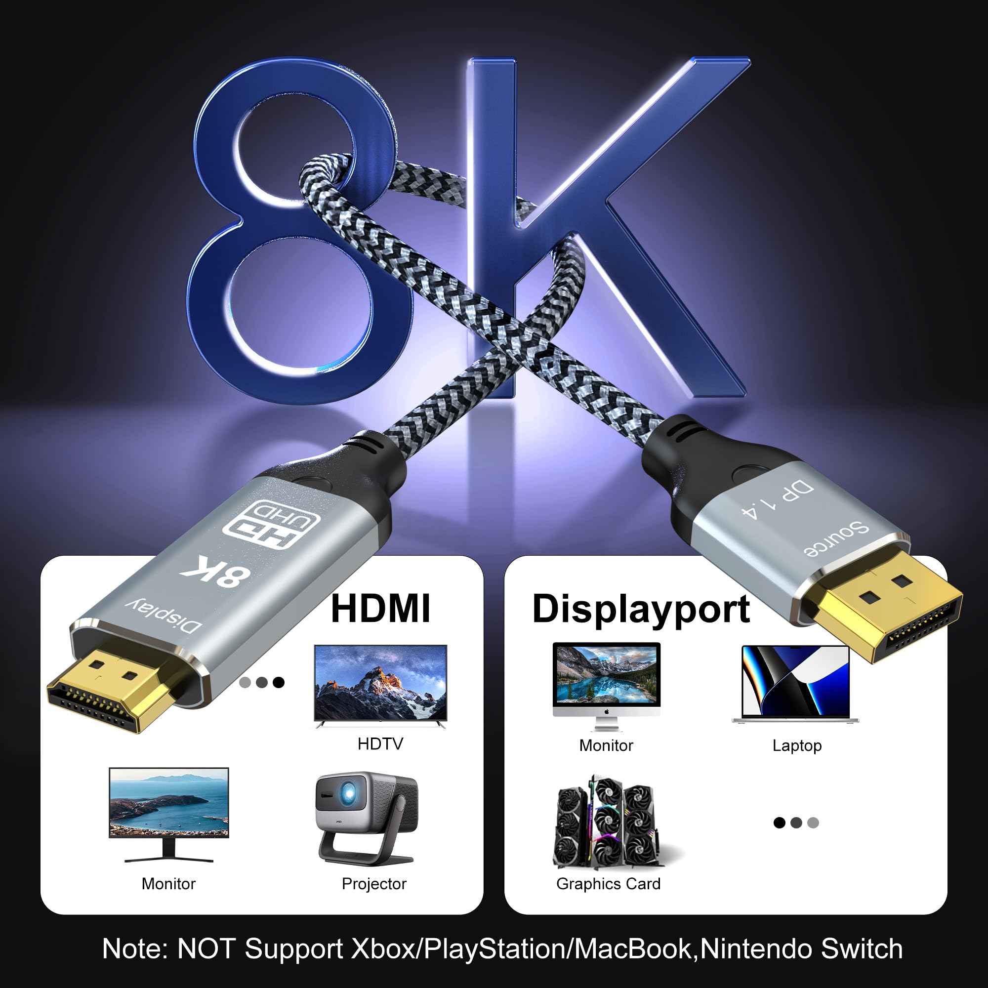 Câble DisplayPort vers HDMI 2.1 de 2,8 m 8K @ 60 Hz 4K @ 120 Hz Uni-directionnel DP (Source) vers HDMI (Display) Cordon tressé Prend en charge le port d'affichage HDCP 2.3 HDR10 pour AMD, NVIDIA et PC