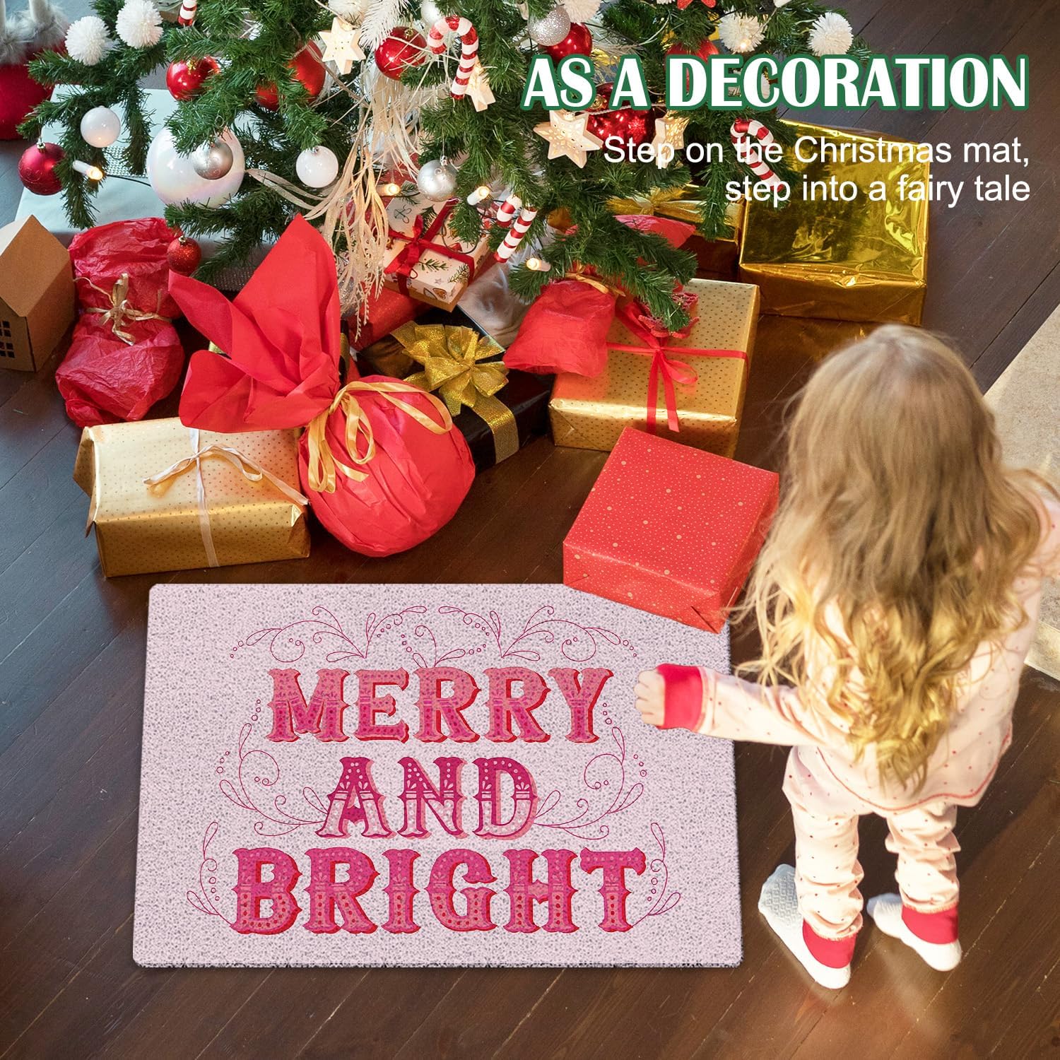 Pink Christmas Door Mat Outdoor Indoor Entrance Entryway, Merry and Bright Christmas Doormat Inside Outside, Preppy Girly Xmas Welcome Mats for Front Door, 17x30 Inch