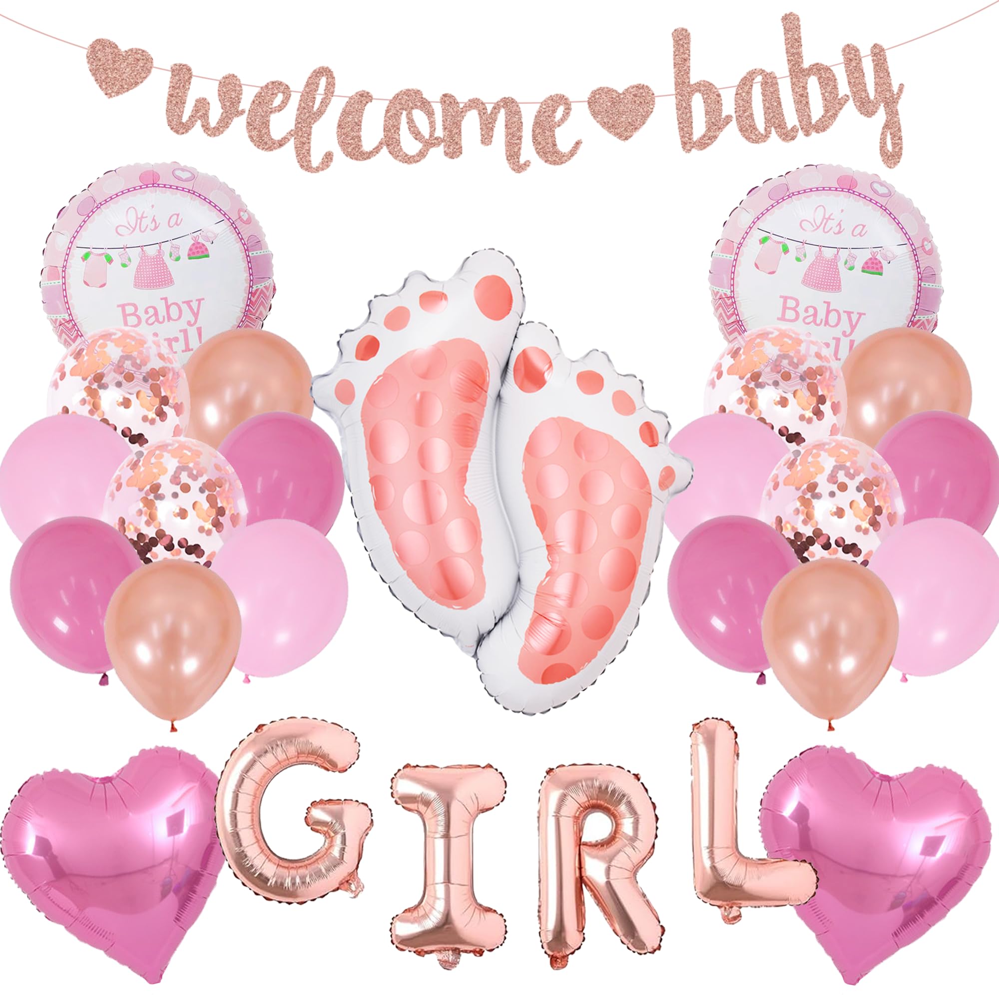 Baby Shower Dekoratione Mädchen Rosa - 38 Stück Babyparty Deko, Welcome Baby Glitzerbanner, Fußfolienballons, Herzen Und Runde Folienballons für Mädchen Baby Shower Gender Reveal Party Dekoration