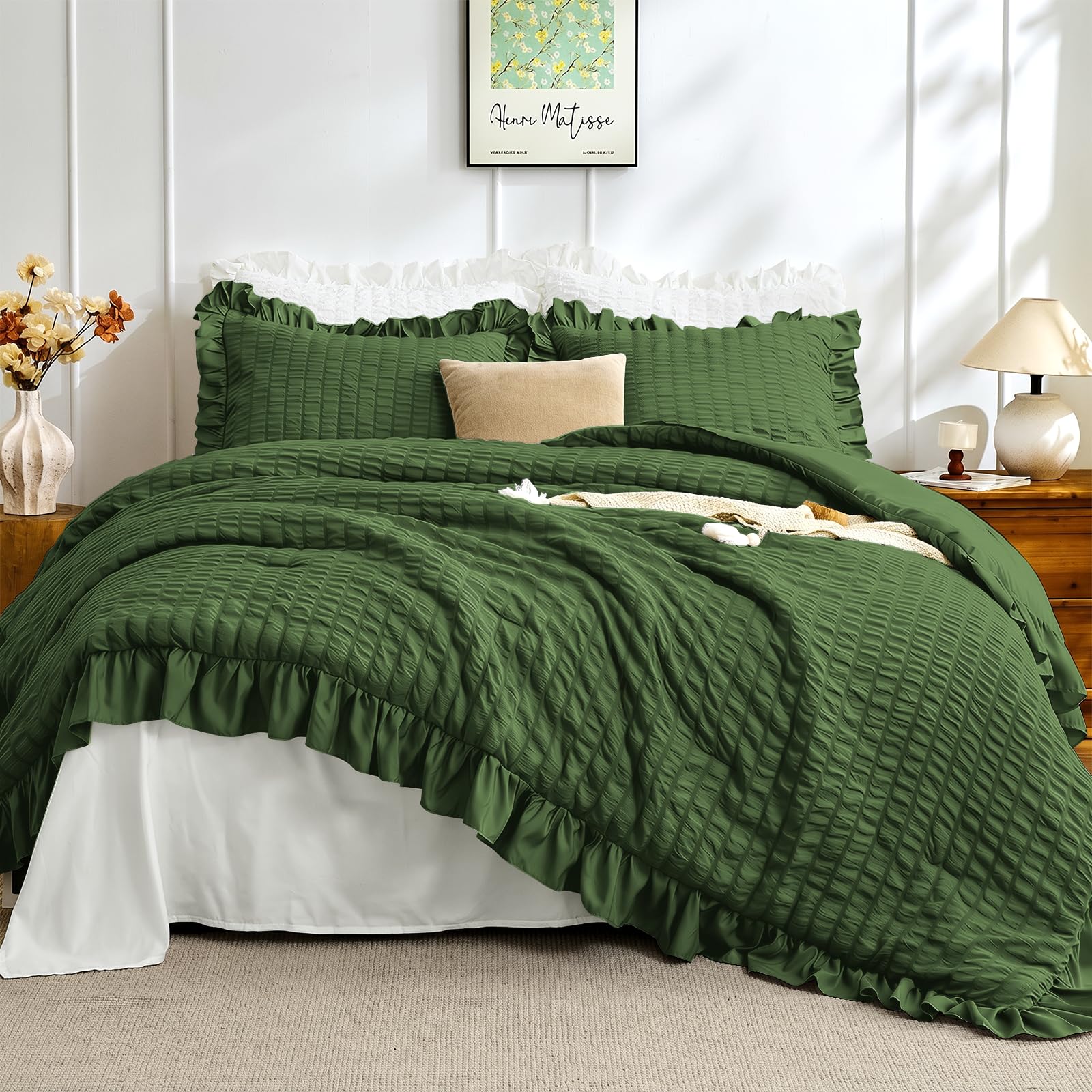JOLLYVOGUE Dark Green Oversized Queen Comforter Set,3pcs Seersucker Bed Set