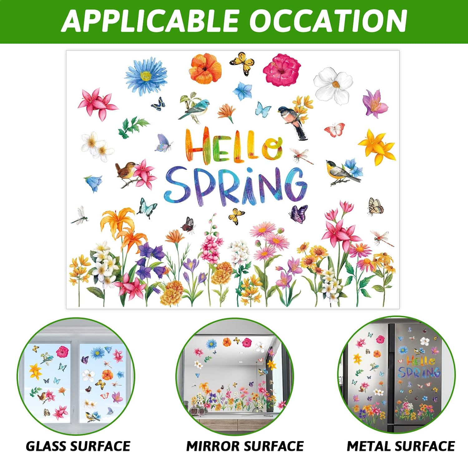 9 Sheet Hello Spring Window Stickers Decorations Spring Window Clings Flowers Butterflies Bees Birds Double-Sided Anti-Collision PVC Window Decals for Mirror Glass Stickers Spring Party Supplies