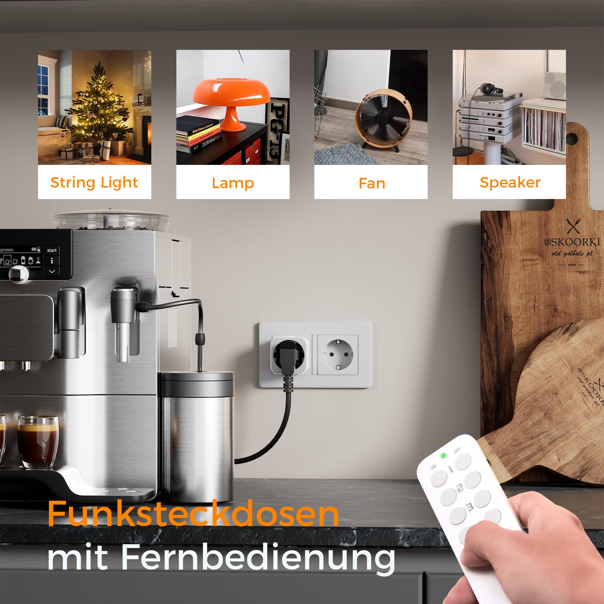TESSAN Funksteckdosen Set, 5 Steckdosen mit 2 Handsender | Reichweite 30,5M Betriebsbereich für Weihnachtsdekoration, Haushaltsgeräte und Lampen, 2300 W, Weiß