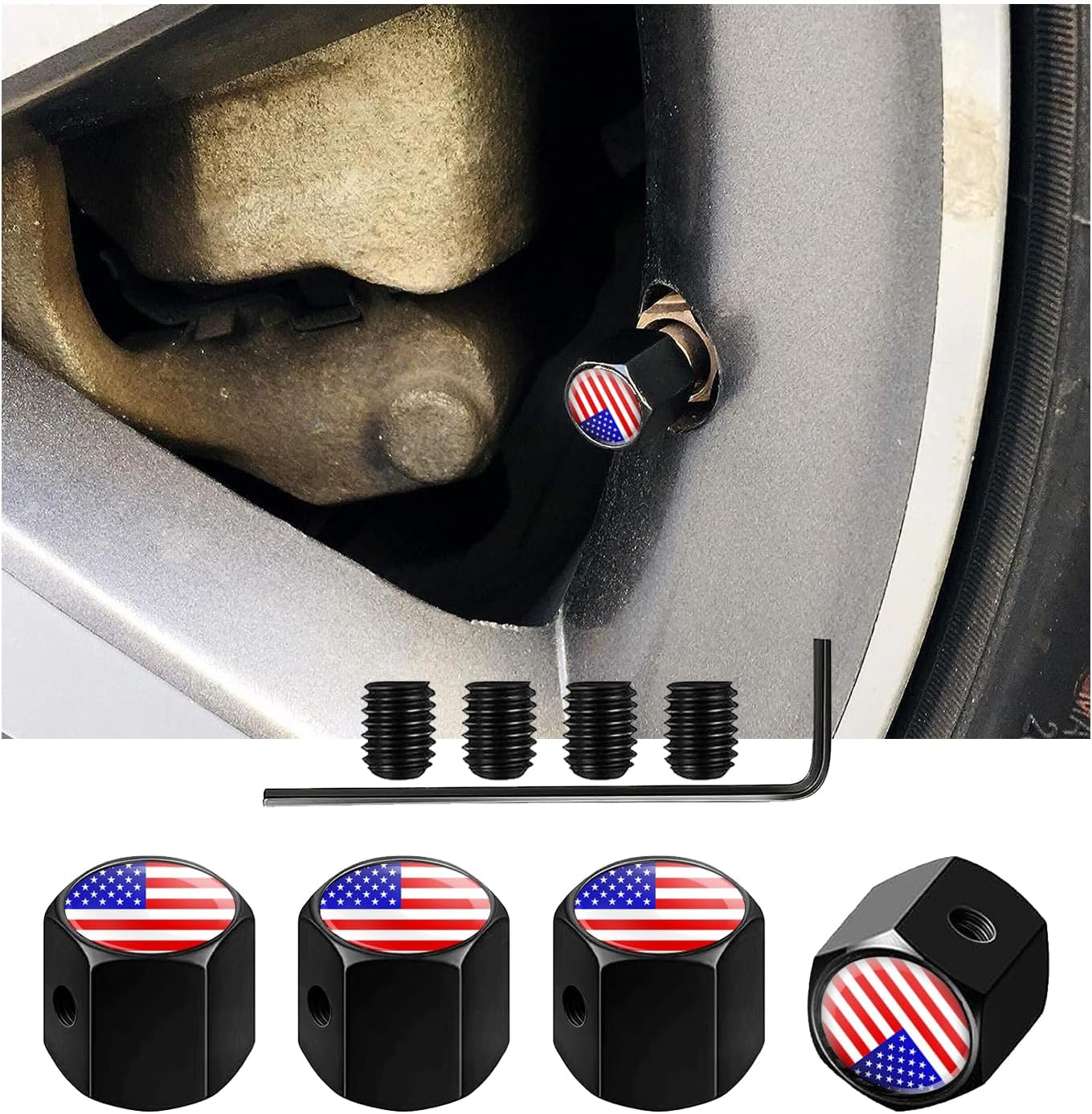Augeny 4 PCS Locking Tire Valve Stem Caps, Hexagon Anti-Theft Design Car Tire Valve Stem Cover with Rubber Ring, Universal Dust Proof Wheel Tyre Air Valve Caps for All Vehicles (Black, Red Flag)