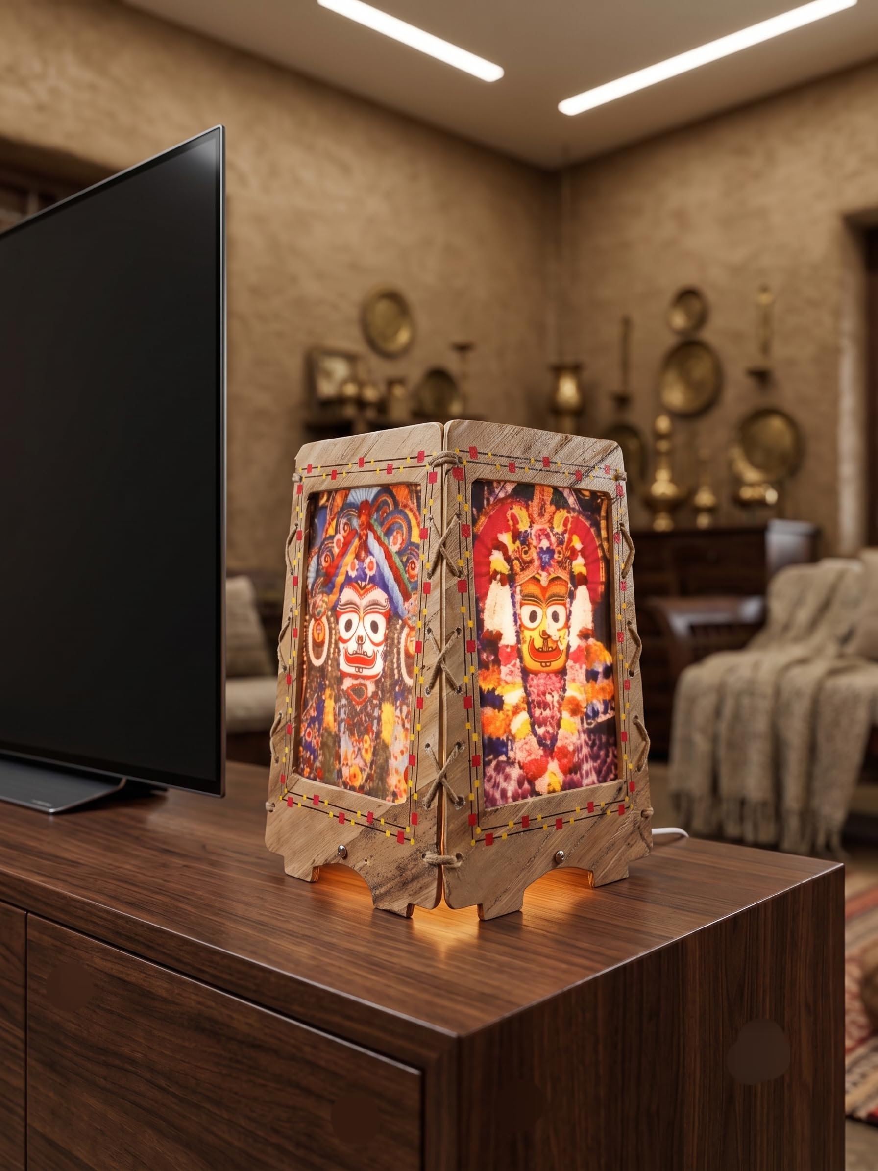 Hyacinth Jagannath Dev Theme Antique Handmade Wooden Lamp | Traditional Design, Table Lamp, Devotional Decor, Colourful Artwork, Home Accent Light-image-9