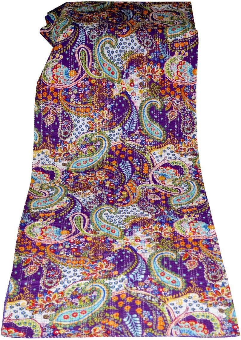 Sophia-Art Indian Handmade Paisley Print King Size Kantha Quilt, Blanket, Bed Cover, King Bedspread, Bohemian Bedding Size 90 Inch x 108 Inch (Purple)