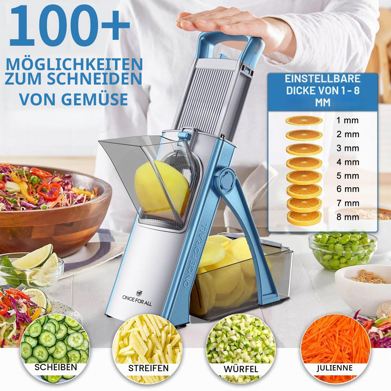 ONCE FOR ALL Gemüseschneider mit Auffangbecken (Blau) | Gemüsehobel ideal als Pommesschneider&Kartoffelschneider,Zwiebelschneider Gurkenhobel - Würfelschneider, Julienner,Geschenk
