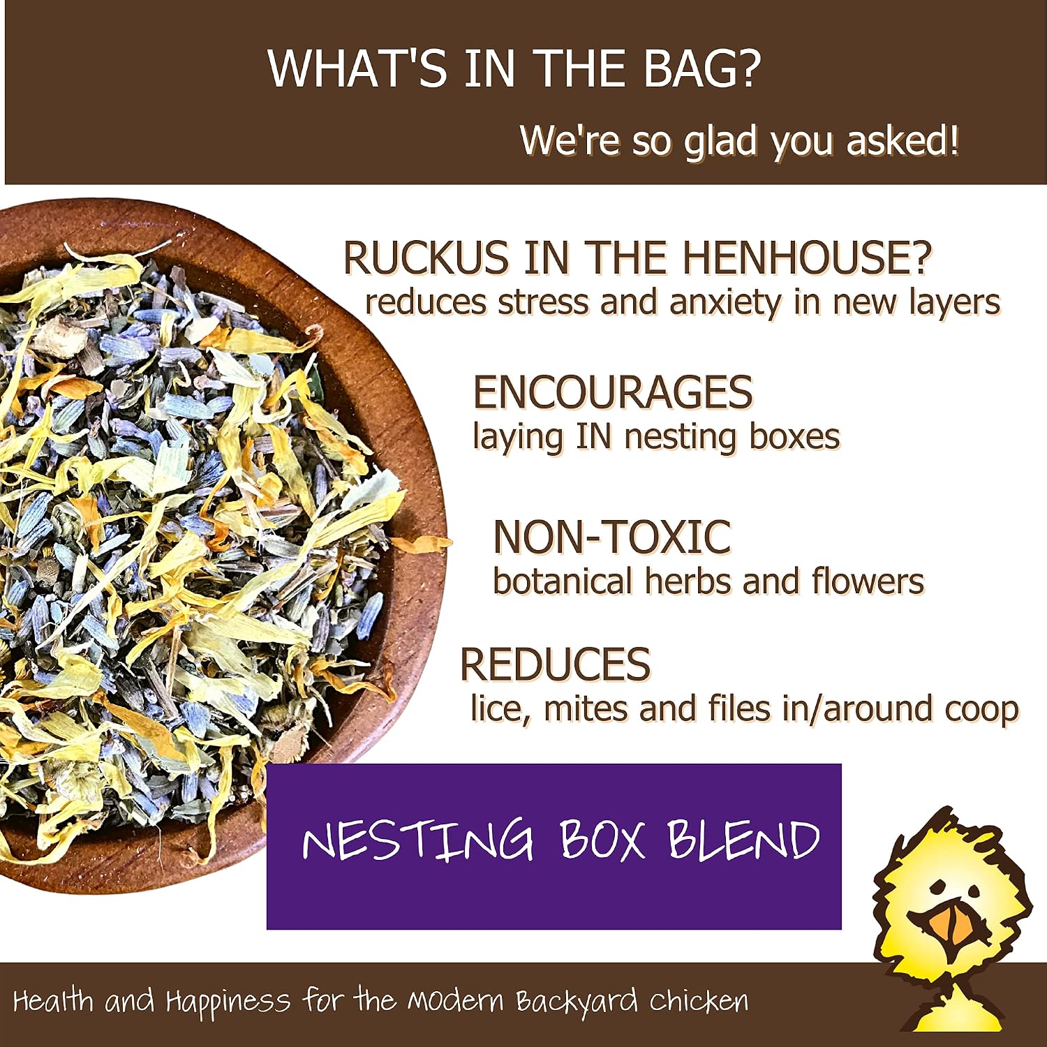 Treats For Chickens Nesting Box Blend - Organic Herbs for Coop Bedding & Nesting Boxes - for Chickens, Quail, Turkeys, Ducks, Pheasant, Geese, Hens, Roosters, Poultry - Compostable - 5 Oz Bag