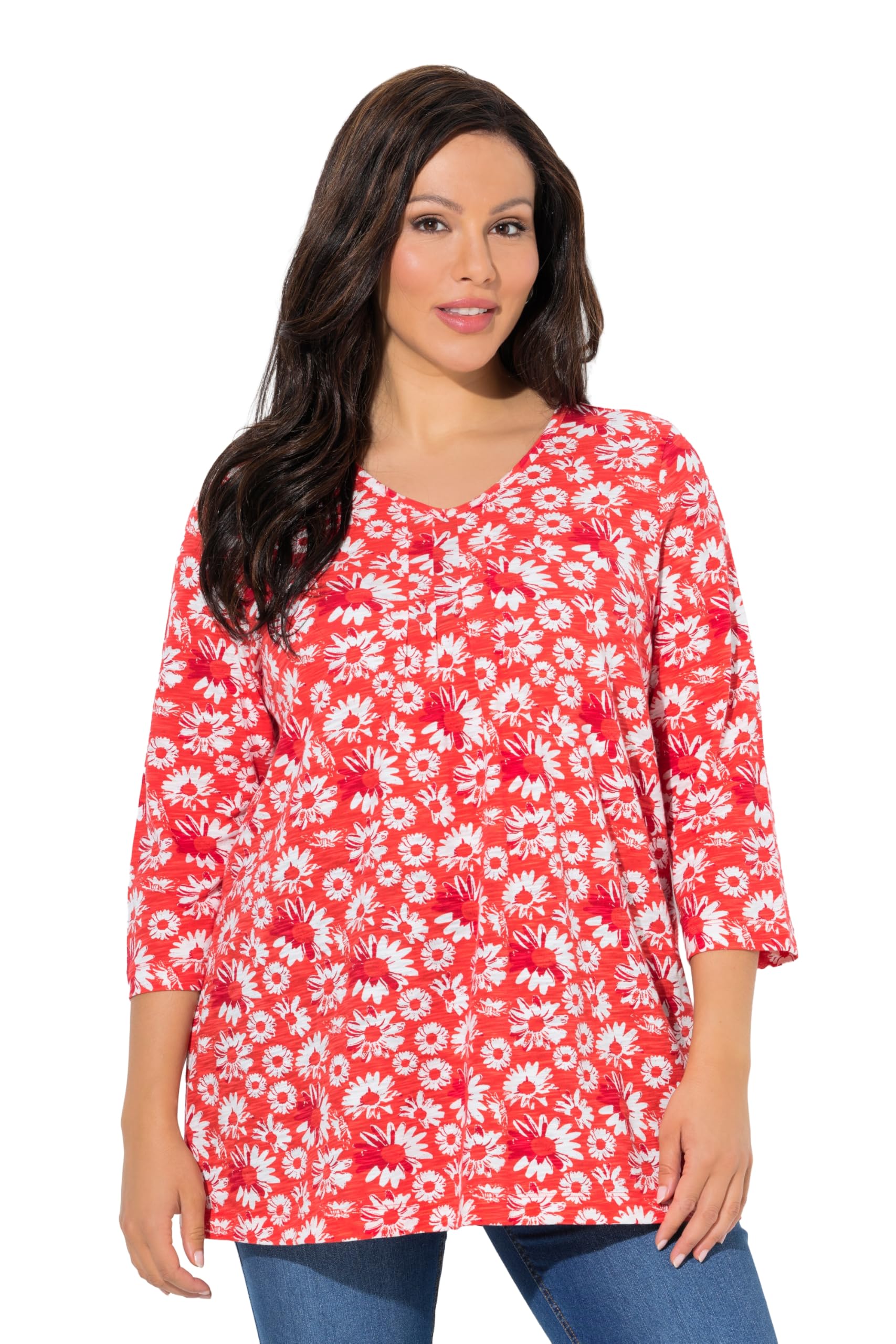 Ulla Popken Damen große Größen Übergrößen Plus Size Shirt, Blüten, A-Linie, Zierfalten, V-Ausschnitt, 3/4-Arm 845809