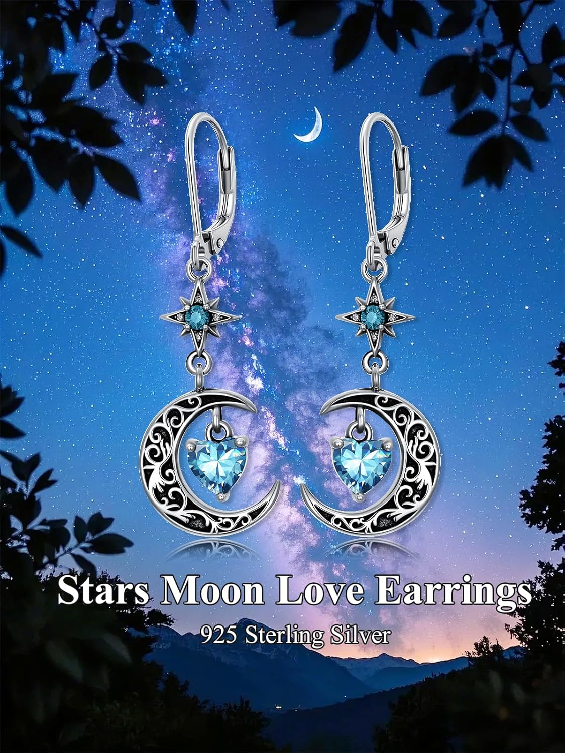 Moon Star Birthstone Dangle Drop Earrings for Women 925 Sterling Silver Black Crescent Moon Celestial Heart Earrings Hypoallergenic Gothic Jewelry Birthday Gifts