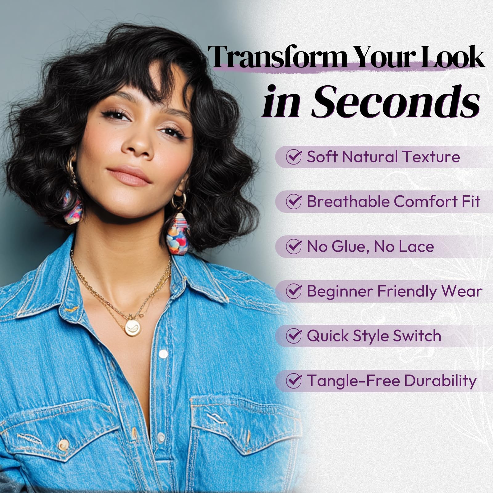 BARSDAR Short Wavy Black Wig with Bangs, Short Black Bob Wigs for Women - Image 4