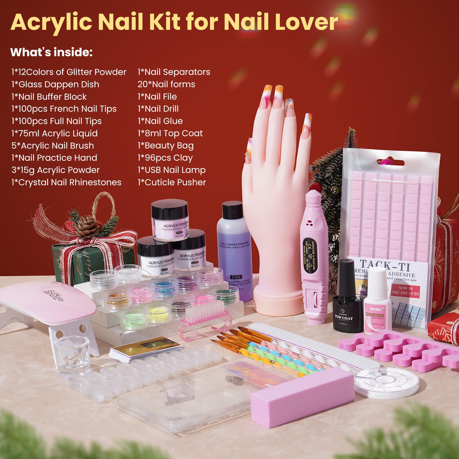 Yokilly Kit Ongle Acrylique Complet En Gel: Kit D'ongles en Acrylique pour Débutants avec Main D'entrainement Manucure UV Lampe Ponceuse Pour Ongles - Manucure Gel Kit avec Sac Rose