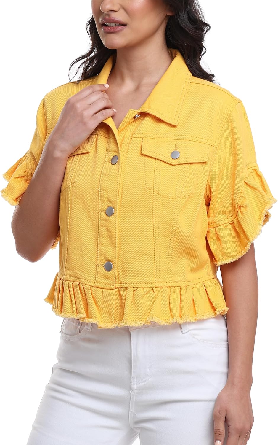 MISS MOLY Women's Denim Jacket Ruffle Sleeve Button Down Distressed Summer Cropped Jean Jackets - Image 5