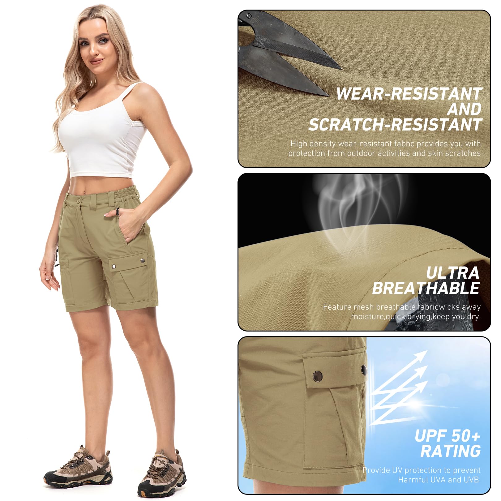 Pantalones Cortos Mujer Cargo Verano Elásticos Secado Rápido Ligeros Pantalón de Senderismo con 4 Bolsillos