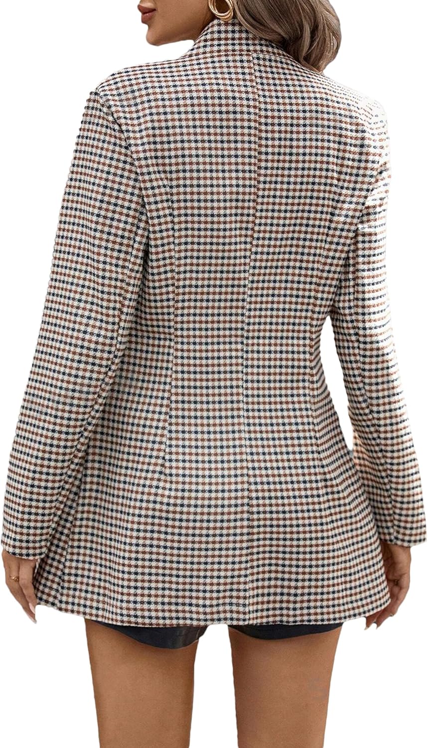 Mina Self 2026 Spring Plaid Women’s Long Blazer Jackets - Houndstooth Open Front Notched Lapel Office Casual Clothing - Image 4