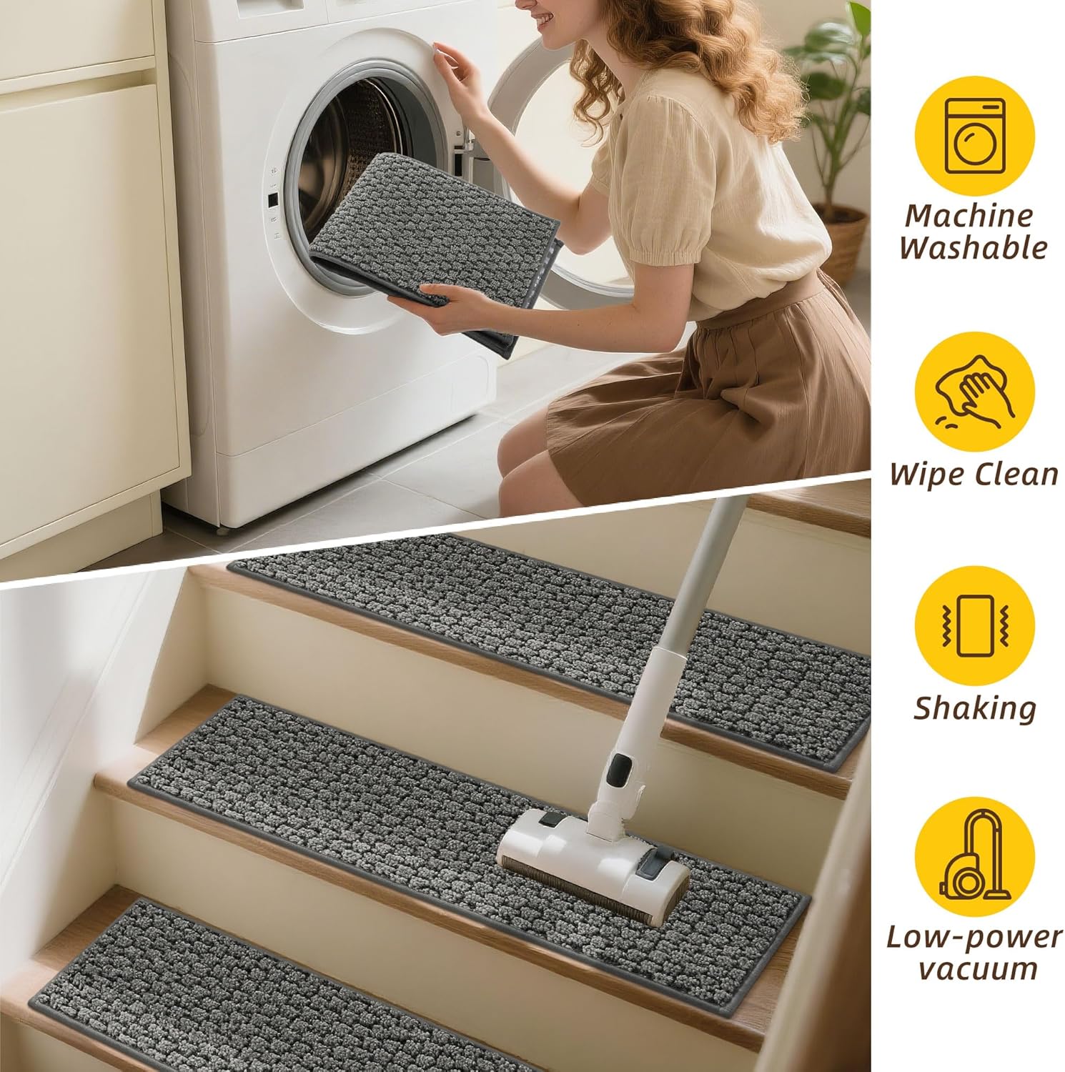 JSEI Stair Treads for Wooden Steps, 14 Pack 9" X 28" Non-Slip Machine Washable Carpet Stair Treads with TPE Backing, Soft Indoor Stair Rug Runner for Kids Elders & Pets, 100% Polyester, Light Grey