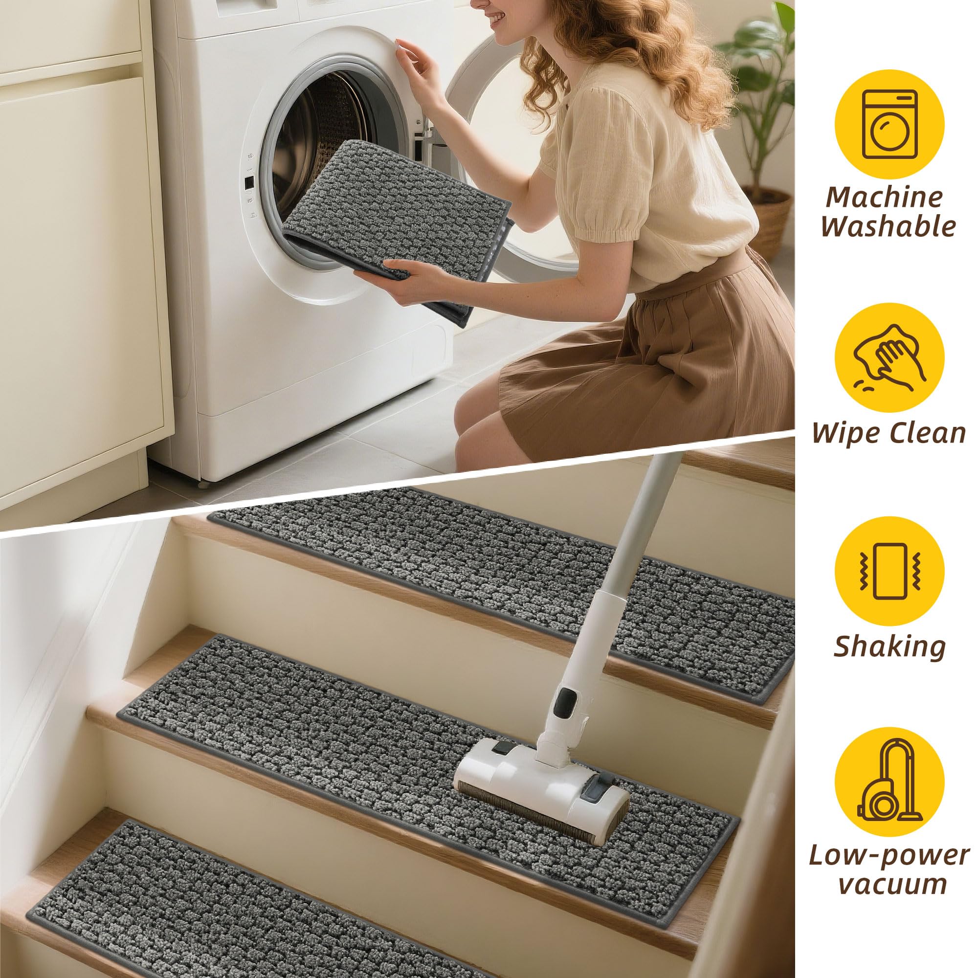 JSEI Stair Treads for Wooden Steps, 14 Pack 9" X 28" Non-Slip Machine Washable Carpet Stair Treads with TPE Backing, Soft Indoor Stair Rug Runner for Kids Elders & Pets, 100% Polyester, Beige — view 25