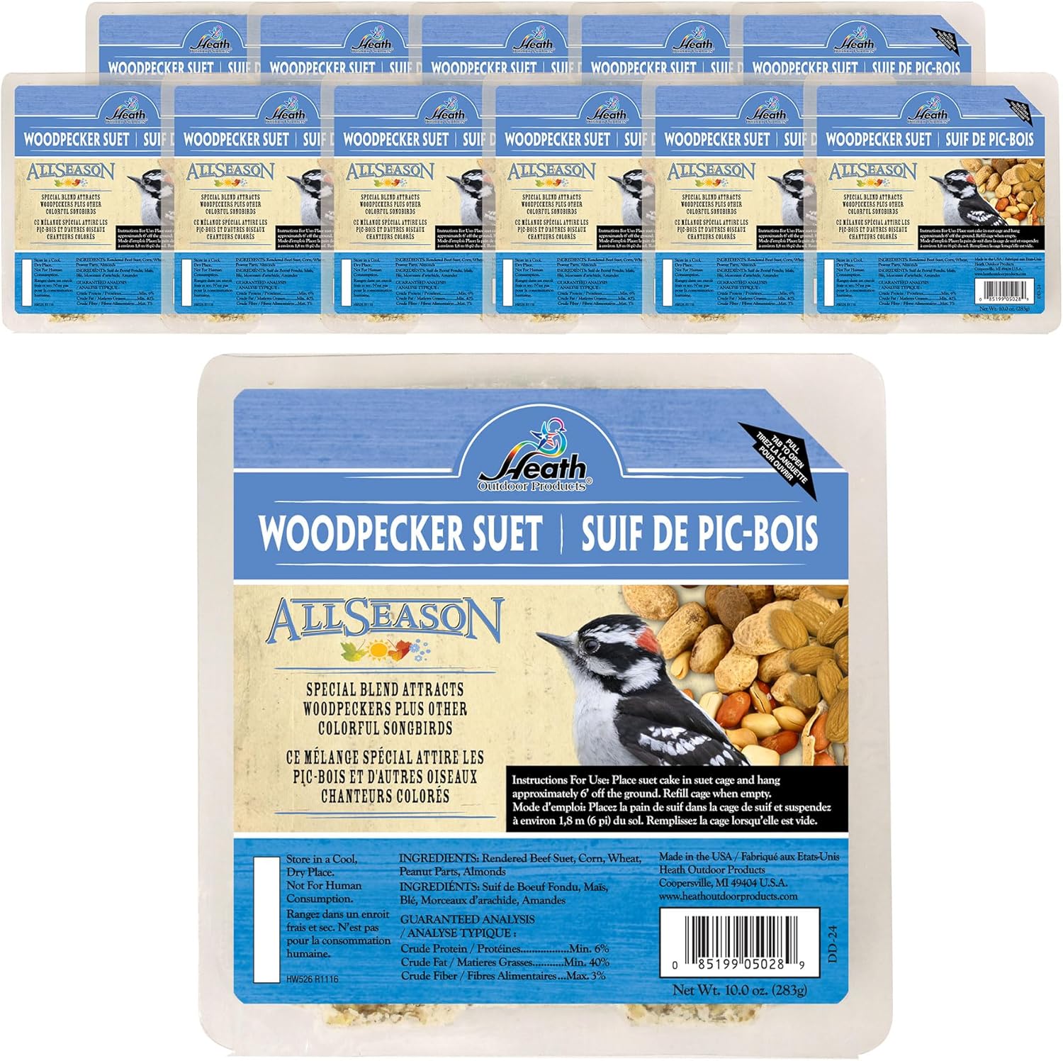 Heath Woodpecker Suet Cake, 5.2in, 10oz, 12 Pack - Blend Attracts Woodpeckers & Songbirds, No Melt